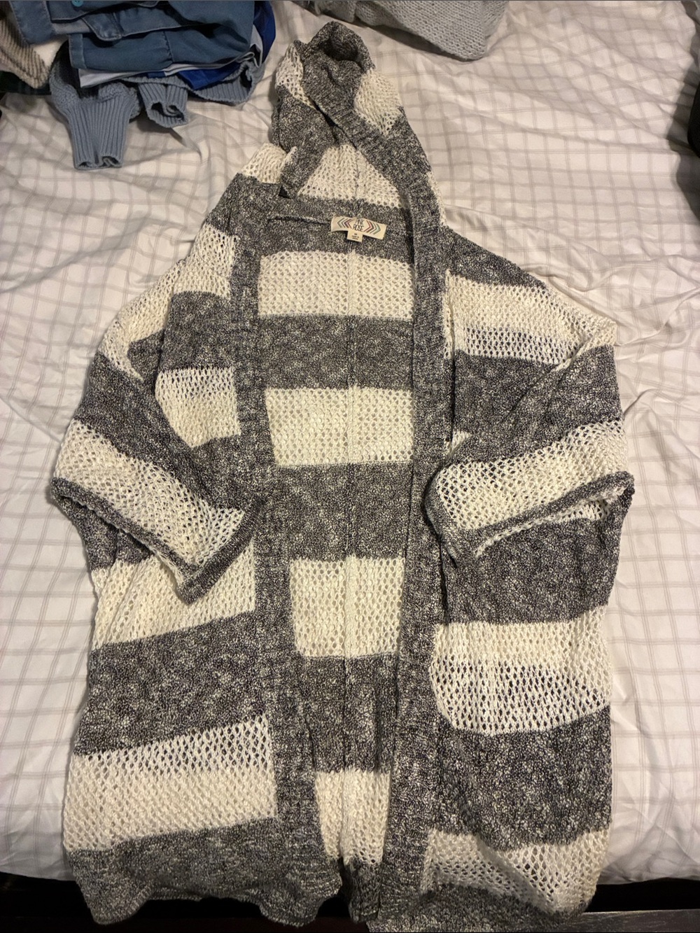 Pink Rose Hooded Open-Front Knit Cardigan - Gray & Cream